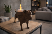 Zwarte Waxinelichthouder American Staffordshire Terrier met led-waxinelichtje op bijzettafel in moderne huiselijke omgeving.